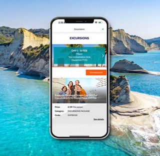 Mobile App zeigt Informationen zu Ausflügen vor einer beeindruckenden Meereslandschaft | MSC Cruises