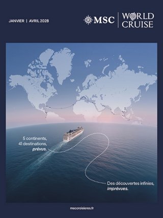 Un navire de croisière traverse les mers du monde sous un ciel bleu avec des nuages | MSC Croisières