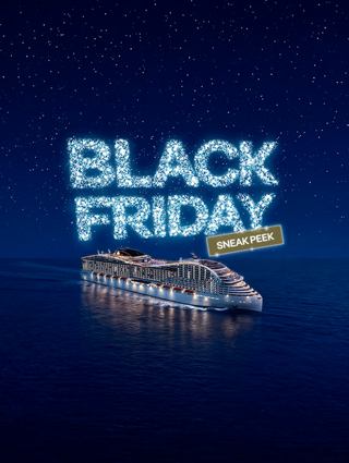 Ein Kreuzfahrtschiff präsentiert ein Black Friday Angebot auf dunkelblauem Hintergrund | MSC Cruises