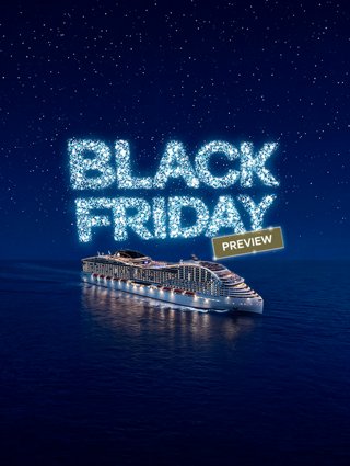 Black Friday cruise deals from MSC with a luxury ship on a vibrant blue background | MSC Cruises