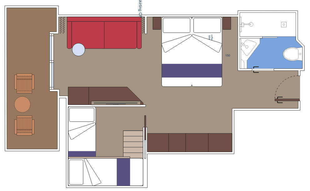 Cabin layout featuring furniture and distinct areas for relaxation and rest | MSC Cruises