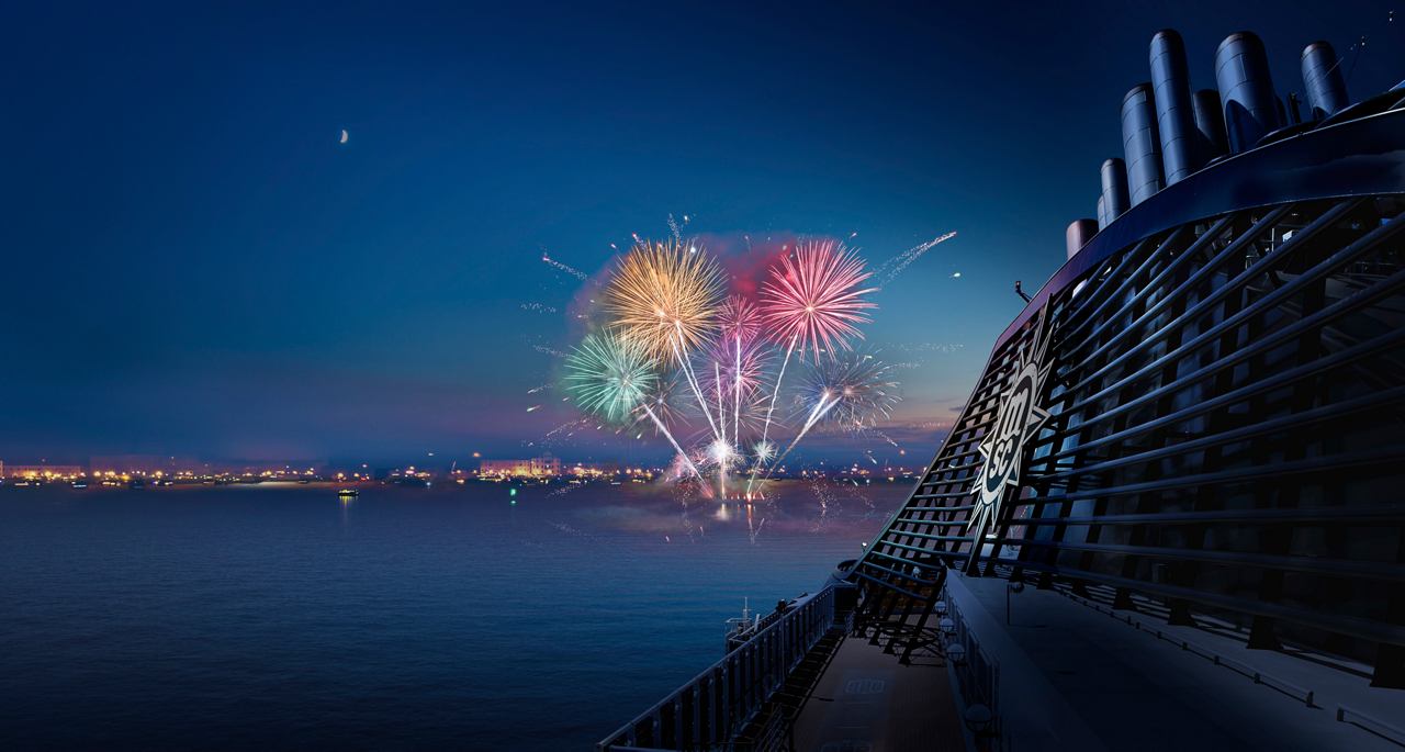 Fireworks illuminate the night sky above MSC Splendida on the sea | MSC Cruises
