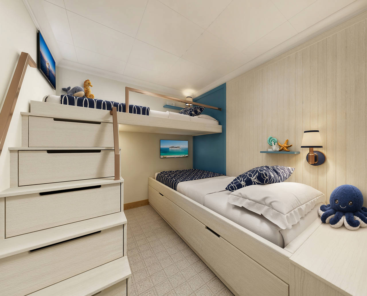 Familienkabine mit modernen Betten, Treppe und einladender Atmosphäre | MSC Cruises