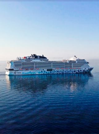 Two MSC cruise ships peacefully anchored in calm waters under a clear sky | MSC Cruises