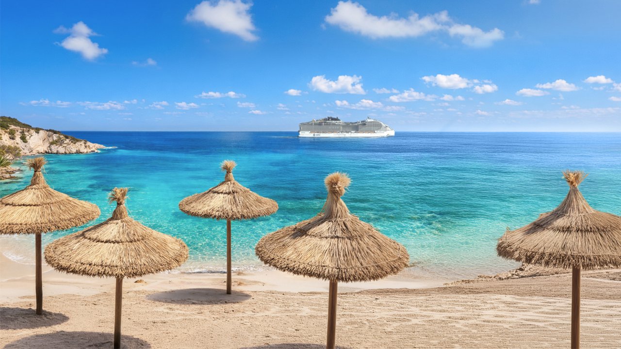 Sandy beach with umbrellas and loungers under a blue sky | MSC Cruises