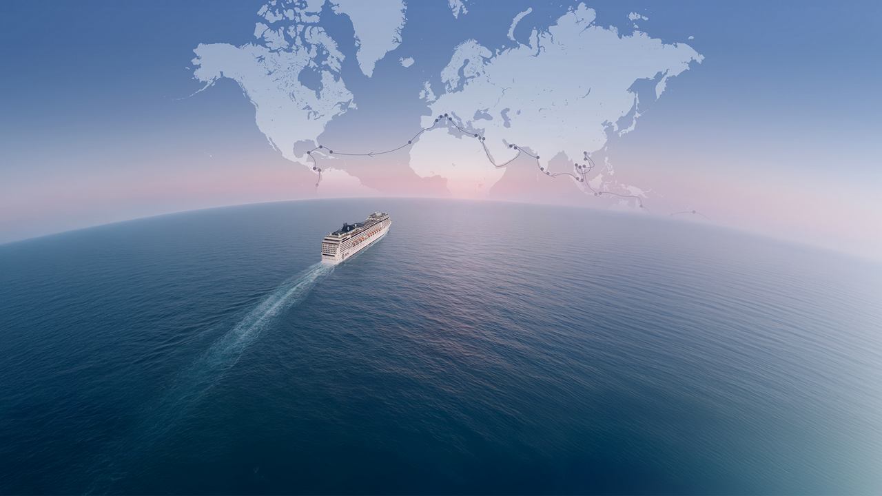 A ship sails across the endless ocean under a bright sky | MSC Cruises