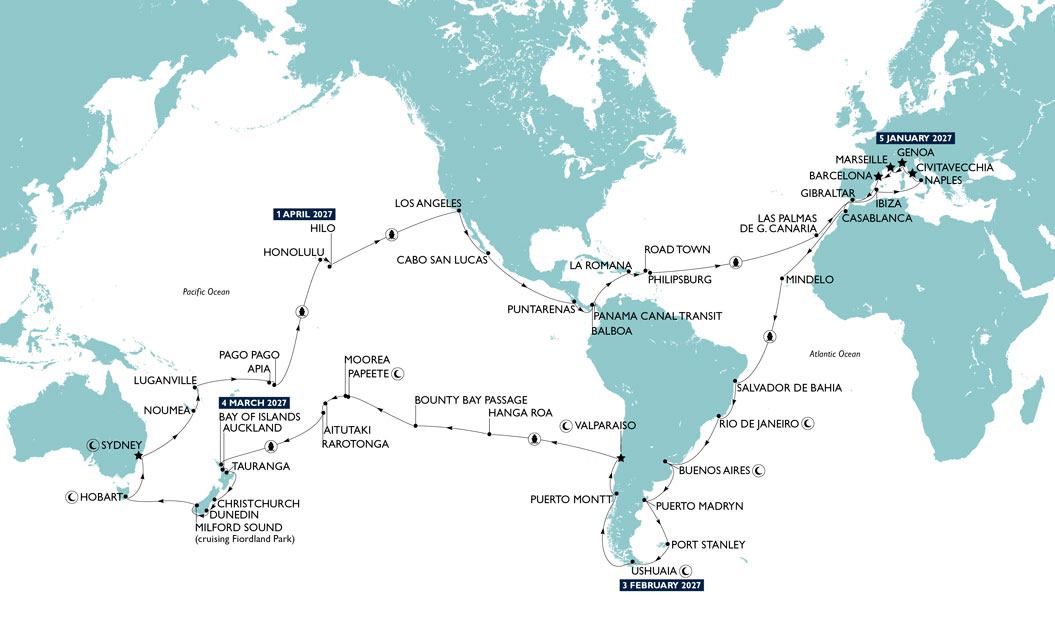 Weltkarte mit markierten Routen der Weltkreuzfahrt 2027 | MSC Cruises