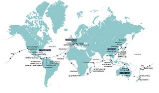 Un mapa del mundo que destaca varios destinos de MSC World Cruise para 2026 | MSC Cruceros