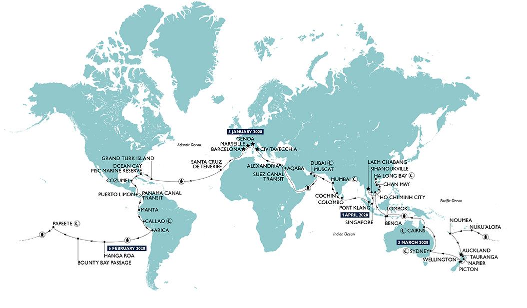 MSC World Cruise 2028 map | MSC Cruises