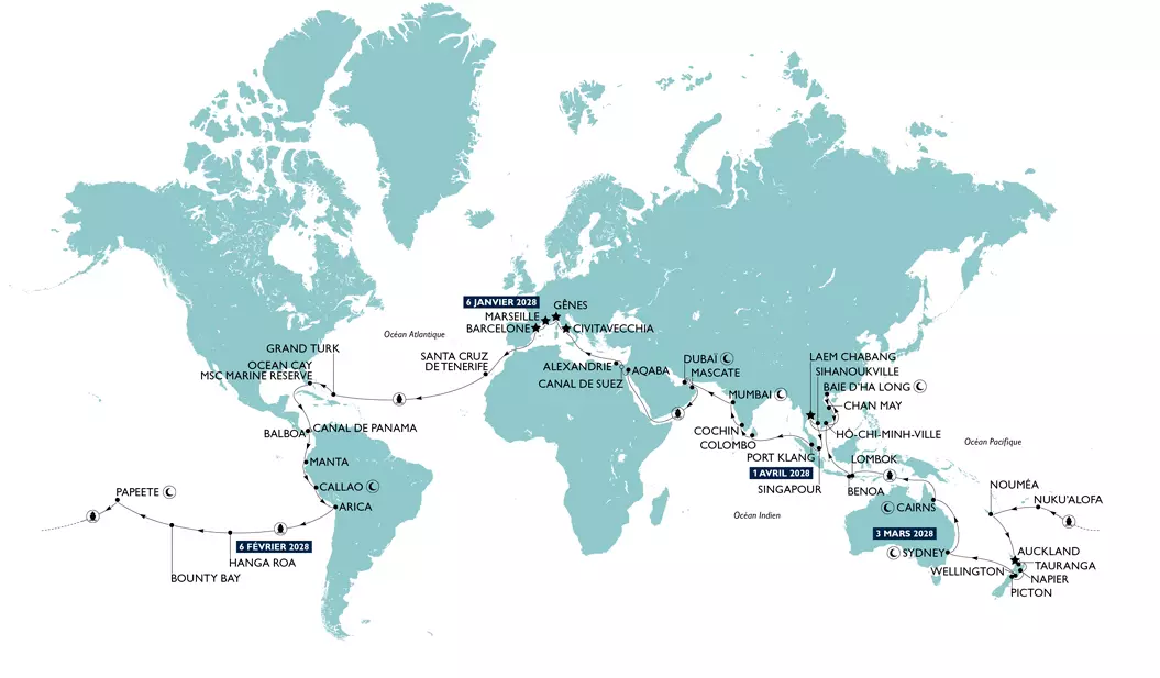 Carte officielle de l'itinéraire MSC World Cruise 2028 au départ de Marseille