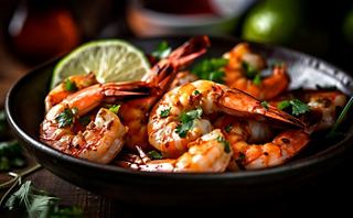 Crevettes juteuses garnies de citron vert et d'herbes, servies dans un bol foncé prêtes à ravir vos papilles | MSC Cruises