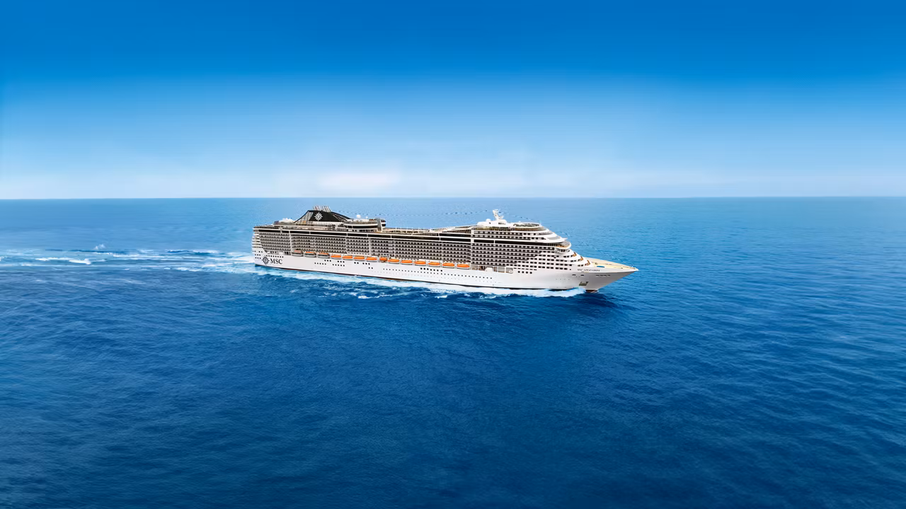 A majestic cruise ship sailing across the serene blue ocean under a clear sky | MSC Cruises