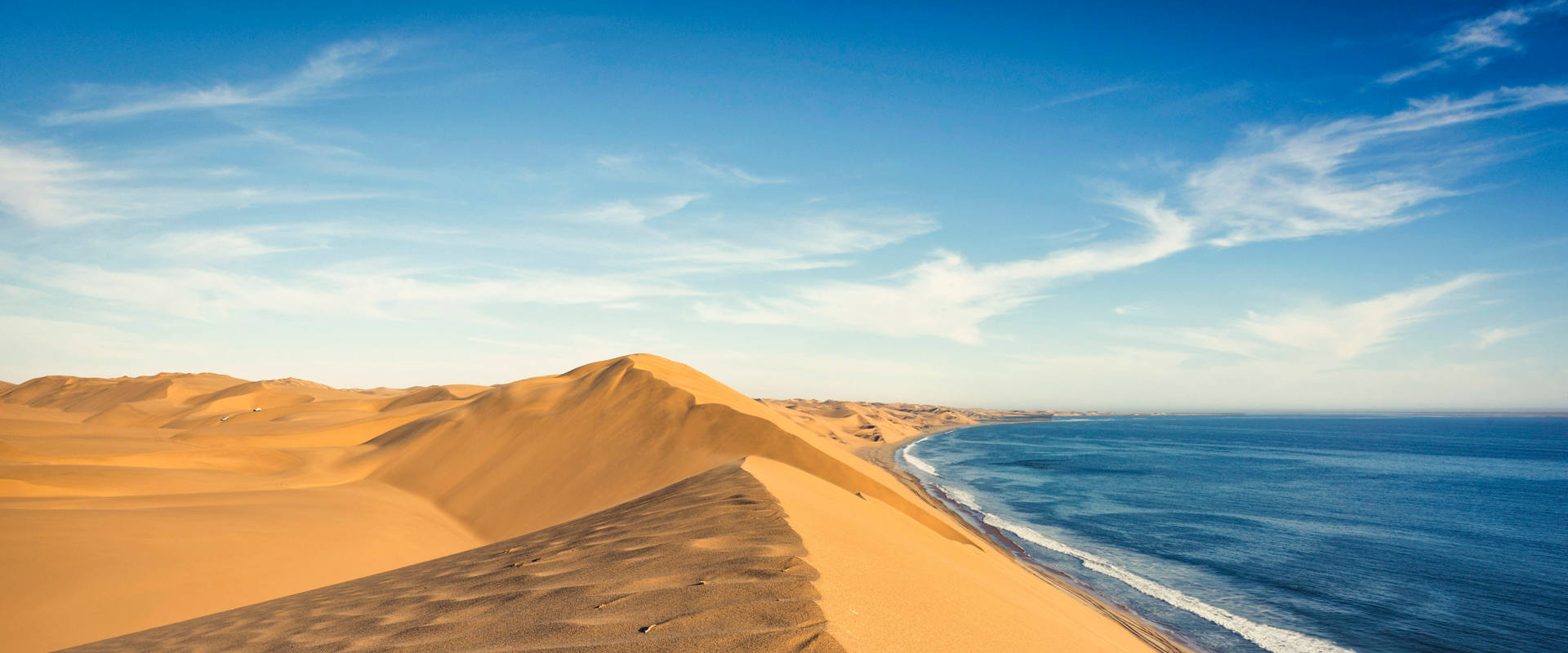 Namibia’s golden sand dunes meet the sparkling sea beneath a clear blue sky | MSC Cruises