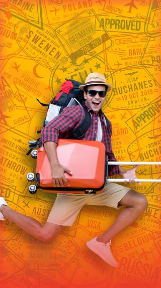 A traveler with a backpack and suitcase on a vibrant background wearing sunglasses | MSC Cruises