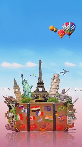 Suitcase with iconic world landmarks and an airplane flying above | MSC Cruises