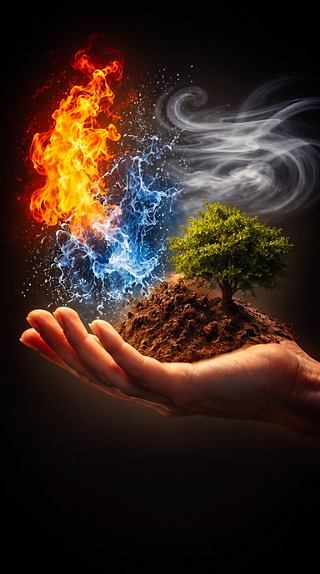 A hand holds symbols of fire, water, air and nature, representing the elements | MSC Cruises