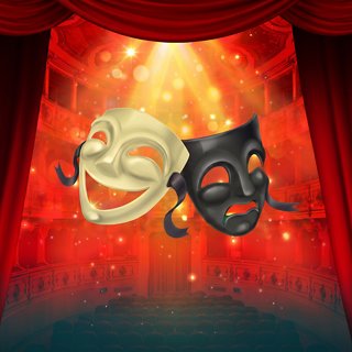 Theatre masks under spotlights on a stage with red curtains | MSC Cruises