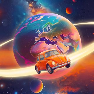 An orange car travels around a vibrant planet with rings in a cosmic setting | MSC Cruises