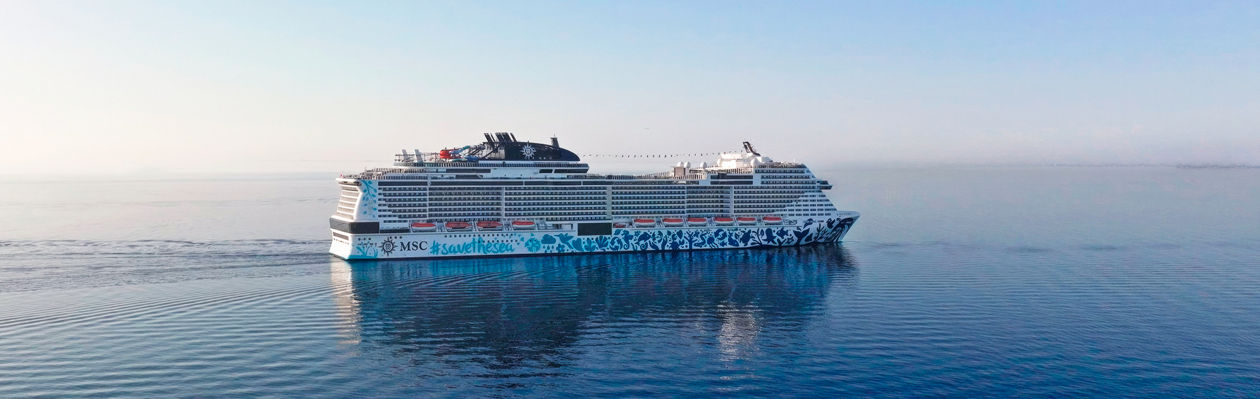 A cruise ship sails on calm blue water beneath a clear sky | MSC Cruises