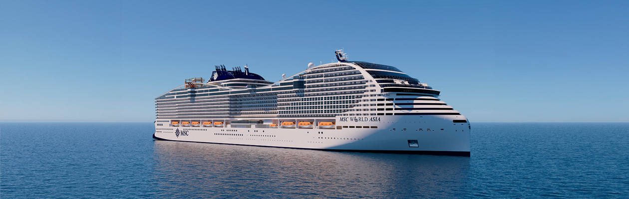 A luxury cruise ship sails across calm blue waters beneath a clear sky | MSC Cruises