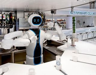 Futuristic Starship Club bar with robotic bartender | MSC Cruises