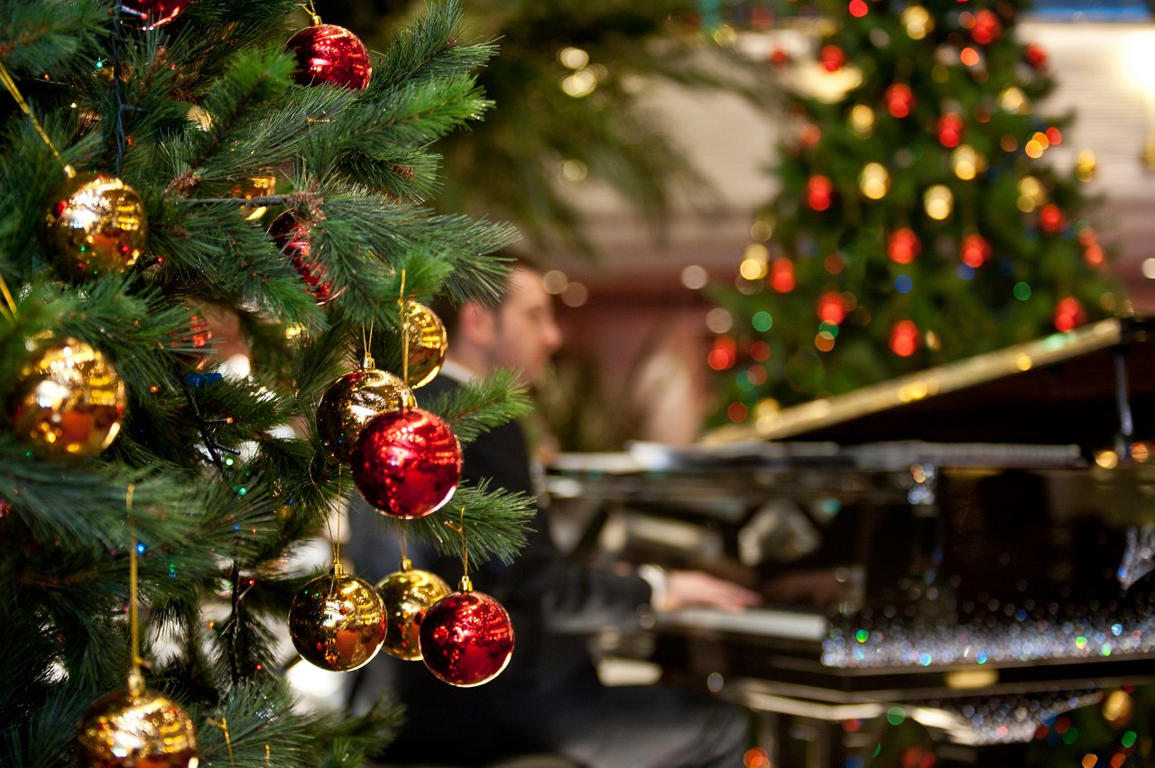 Ein Musiker spielt Klavier neben festlichen Weihnachtsdekorationen im Empfangsbereich der MSC Splendida | MSC Cruises