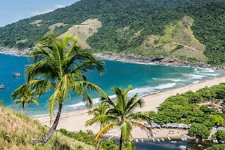 A stunning view of Ilhabela's beach with palm trees, turquoise sea and lush green hills in the background | MSC Cruises