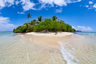 A peaceful beach scene featuring a small islet surrounded by clear waters and palm trees in Fiji | MSC Cruises