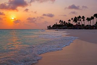 Ein friedlicher Sonnenuntergang über den ruhigen Gewässern von Palm Beach in Aruba, mit sanften Wellen und Palmen in der Ferne | MSC Cruises