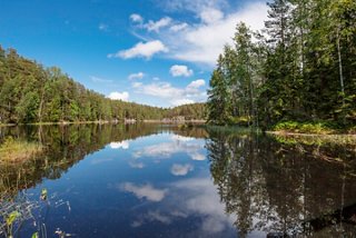 Un lac serein reflétant le ciel bleu et entouré de verdure luxuriante dans le parc national de Nuuksio | MSC Croisières