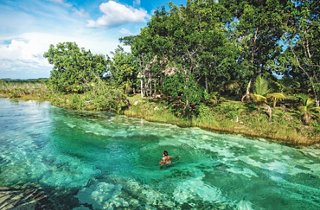 Une personne profite d'un moment serein dans la lagune turquoise de Bacalar, entourée par une végétation luxuriante | MSC Croisières