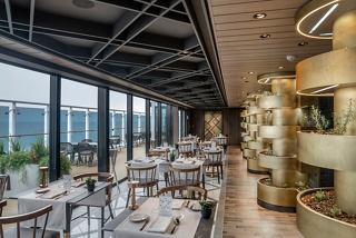 Un elegante comedor con mesas y sillas, plantas de interior y grandes ventanales para vistas hermosas | MSC Cruceros