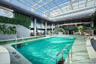 A serene indoor pool area with a sliding roof, surrounded by lush greenery and inviting seating options | MSC Cruises