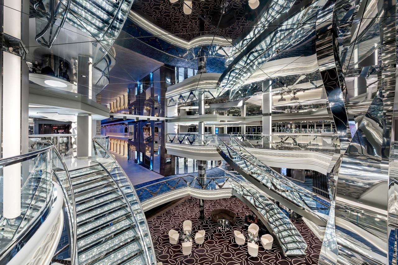 A stunning view of the Infinity Atrium aboard MSC Euribia, showcasing elegant design and inviting public spaces | MSC Cruises