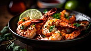Un plato vibrante de camarones a la parrilla adornado con hierbas aromáticas y cítricos, que muestra las delicias culinarias de MSC Cruises | MSC Cruceros