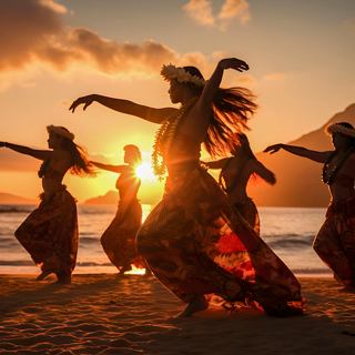 Silhouettes de danseurs exécutant le hula au coucher de soleil sur une plage, célébrant l'esprit d'Hawaï | MSC Cruises