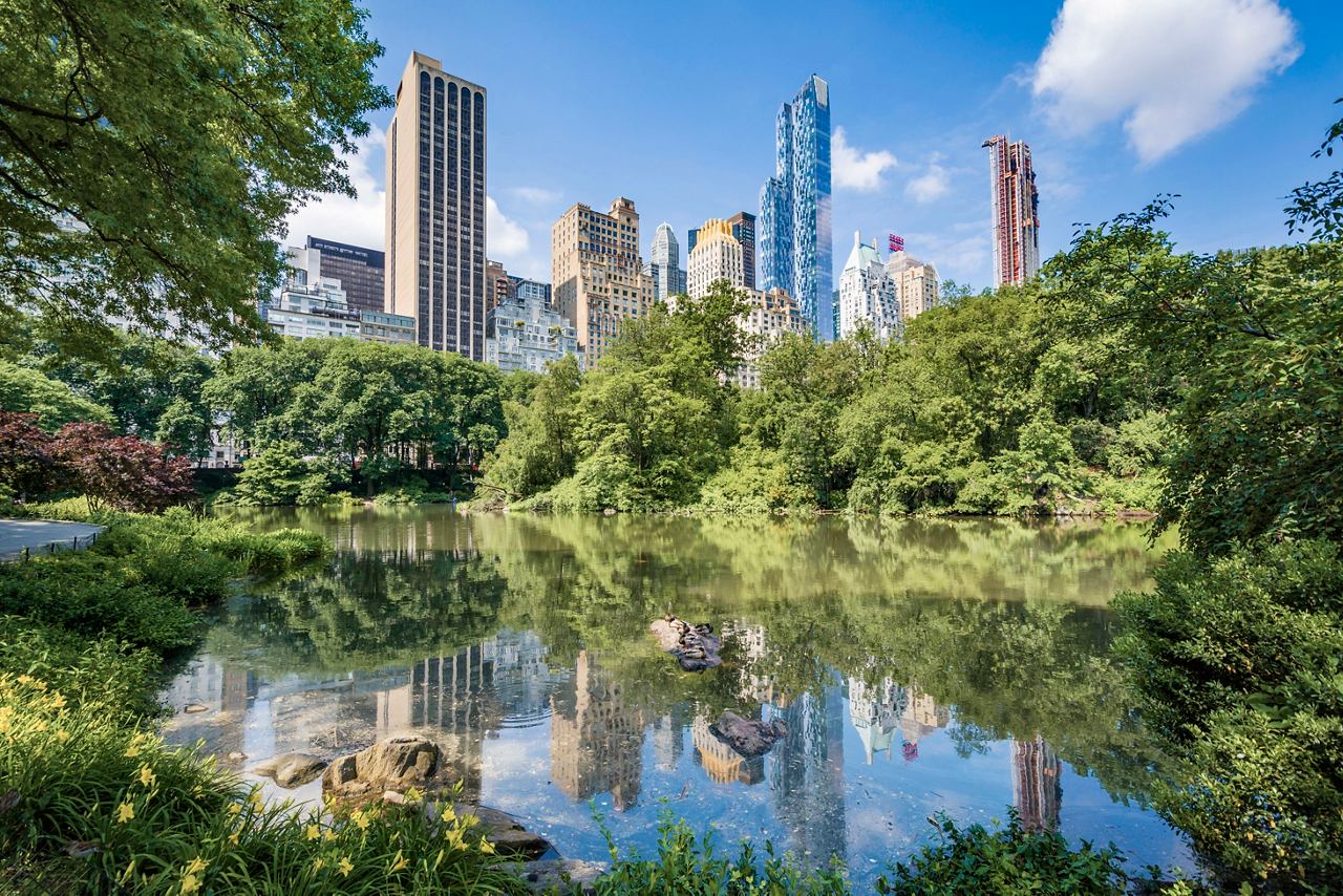 A tranquil view of Central Park water reflecting the skyline of New York City with lush greenery surrounding it | MSC Cruises