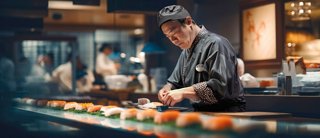 Un chef en kimono prepara sushi en un vibrante restaurante en Tokio, celebrando la tradición culinaria japonesa | MSC Cruceros