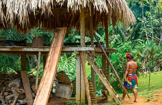 Un individuo Embera cerca de una estructura tradicional en un entorno de exuberante vegetación, reflejando la cultura de Panamá | MSC Cruceros
