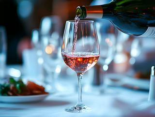 A close-up view of a glass of rosé wine on a table at The Black Crab restaurant aboard MSC Divina | MSC Cruises