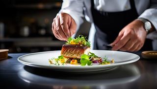 Un chef adorna delicadamente un plato bellamente presentado en el restaurante 5th Avenue de MSC Seashore | MSC Cruceros
