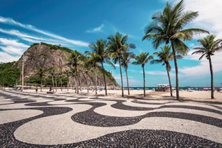 Una vista soleada de la playa de Leme con palmeras y un paseo de mosaico en Río de Janeiro, Brasil | MSC Cruceros
