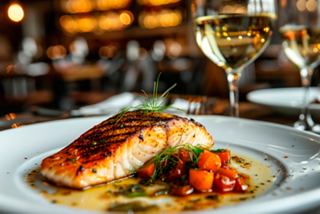 A beautifully presented dish of grilled fish accompanied by vibrant vegetables and a glass of white wine | MSC Cruises