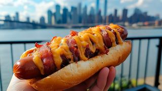 Un délicieux hot-dog garni de bacon et de fromage avec la skyline de New York en arrière-plan | MSC Croisières