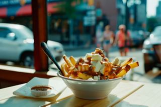 Un bol de poutine sur une table dans un café en bord de rue | MSC Croisières