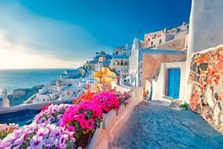 Une vue pittoresque de Santorin avec des fleurs vibrantes et une architecture traditionnelle | MSC Croisières