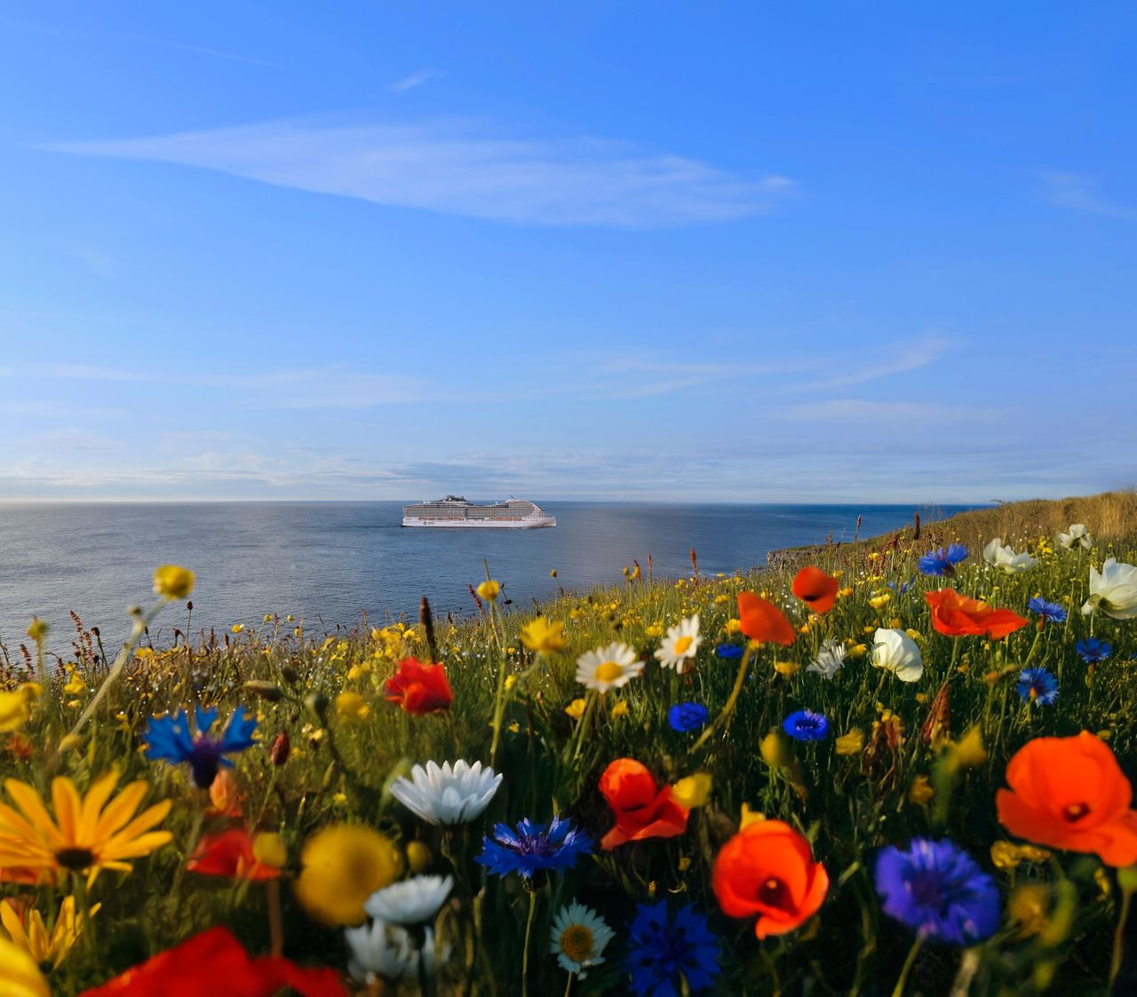 A vibrant spring landscape with colourful flowers in bloom beside a serene sea under a clear blue sky | MSC Cruises