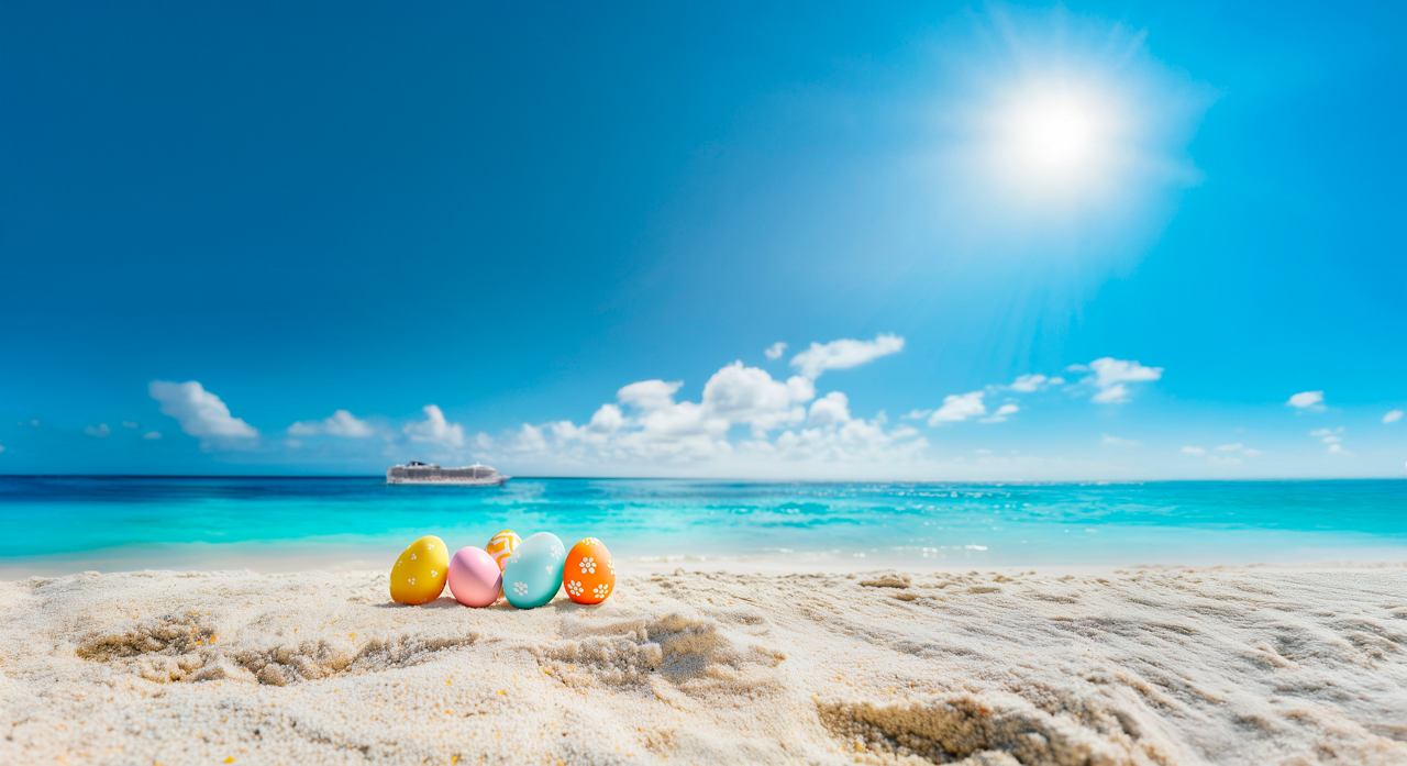 Eine lebendige Strandszene mit bunten Ostereiern und klarem blauen Himmel lädt zu fröhlichen Feiern und Entspannung ein | MSC Cruises