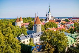 Vue aérienne de la vieille ville de Tallinn avec des bâtiments historiques entourés de verdure luxuriante | MSC Croisières