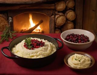 Un plat chaud de purée de pommes de terre crémeuse servi avec des sauces riches, invitant au confort près d'une cheminée accueillante | MSC Croisières